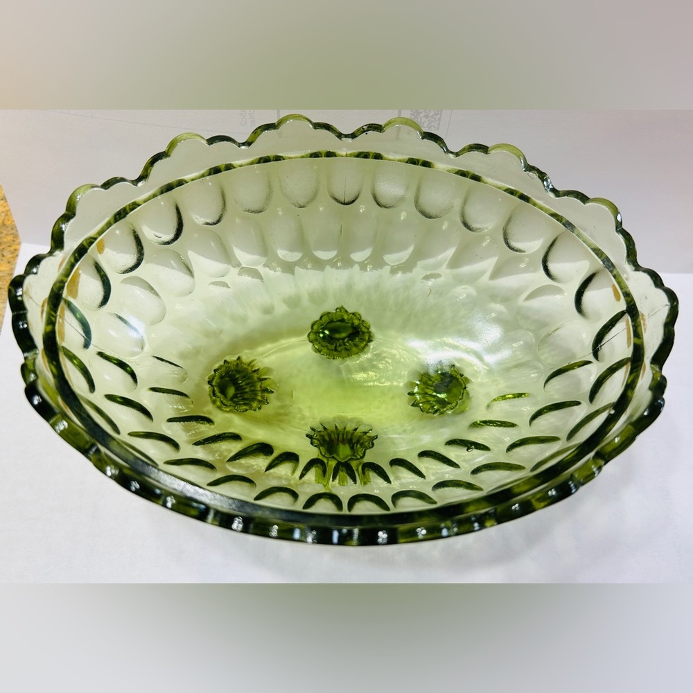 Fenton candy dish, vintage, green thumbprint with scalloped edges, footed.